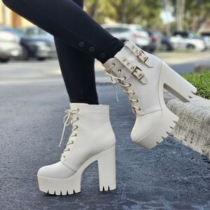 White Women’s Lace-Up Booties Block Heel Pull-On Style Gold Buckle